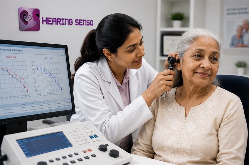 Audiologist performing hearing test